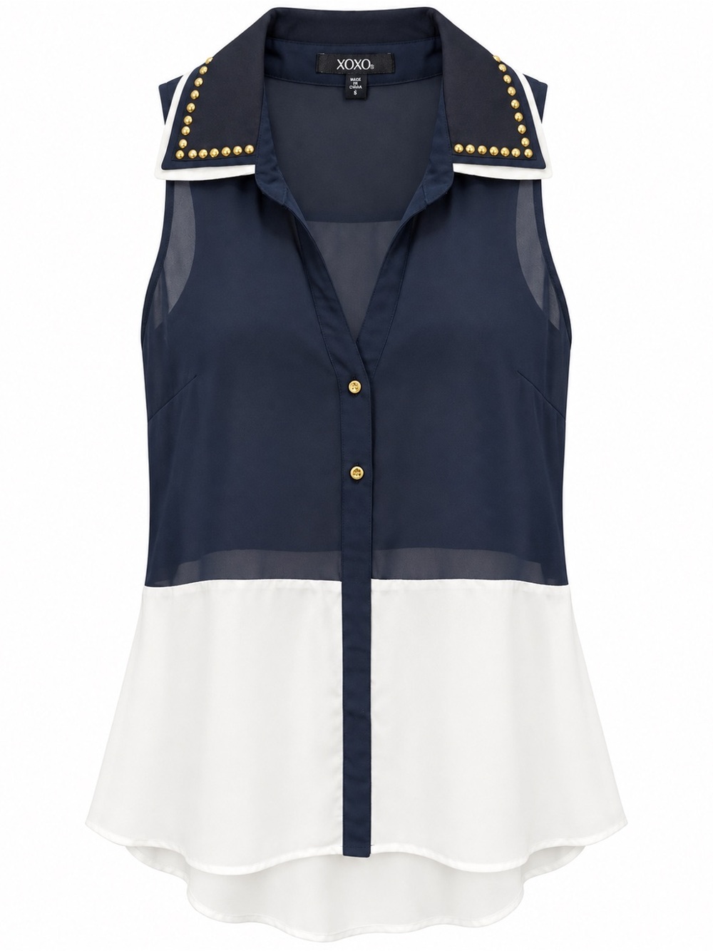 XOXO Navy & White Sleeveless Stud-Collar Button Front Blouse